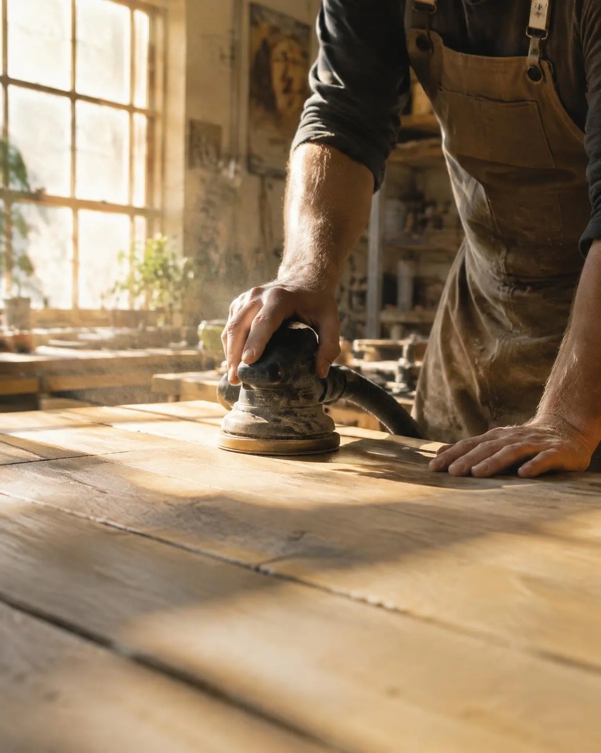 Hands sanding a reclaimed oak tabletop in a sunlit workshop