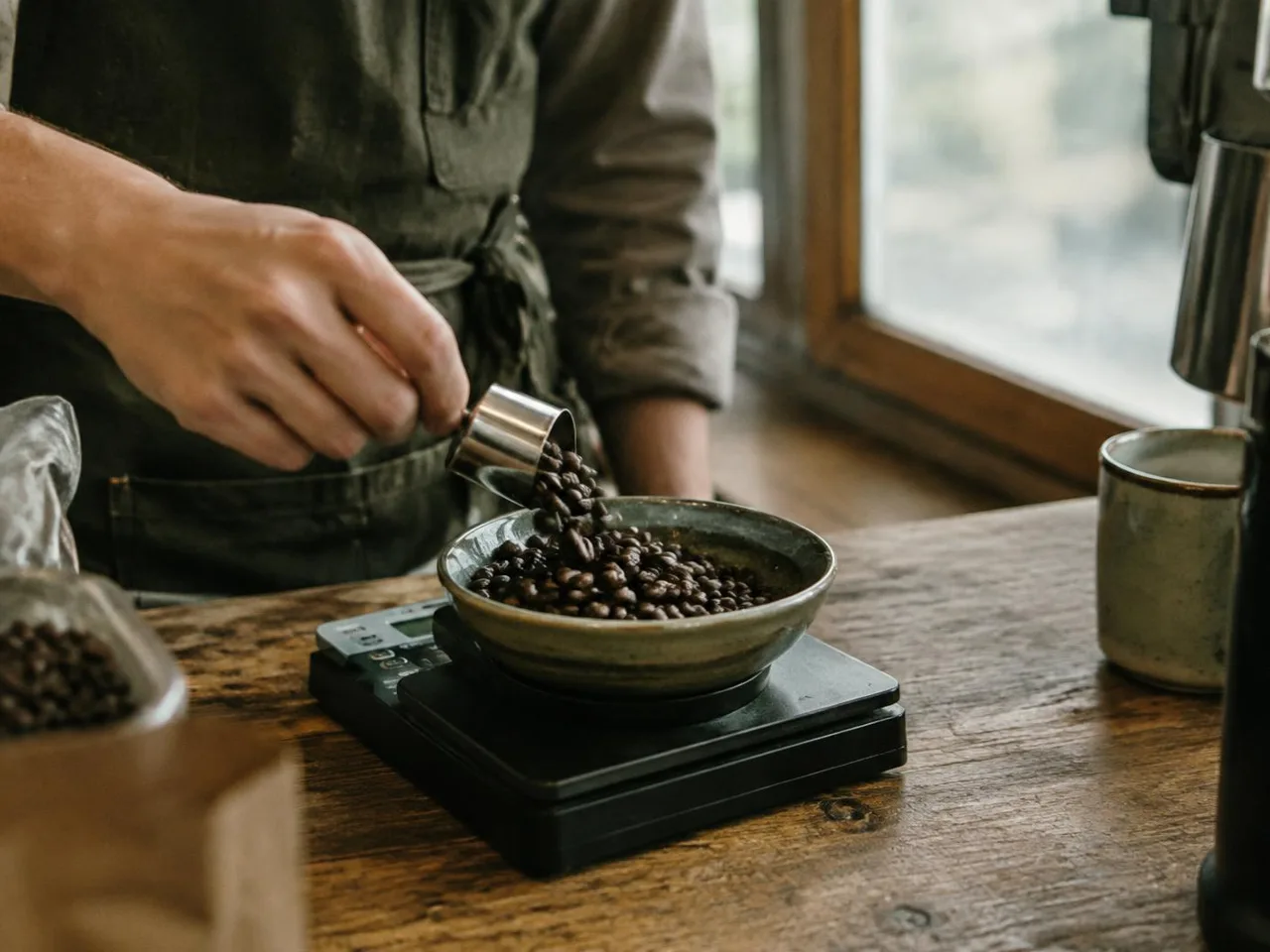 Coffee beans weighed on a scale at the counter