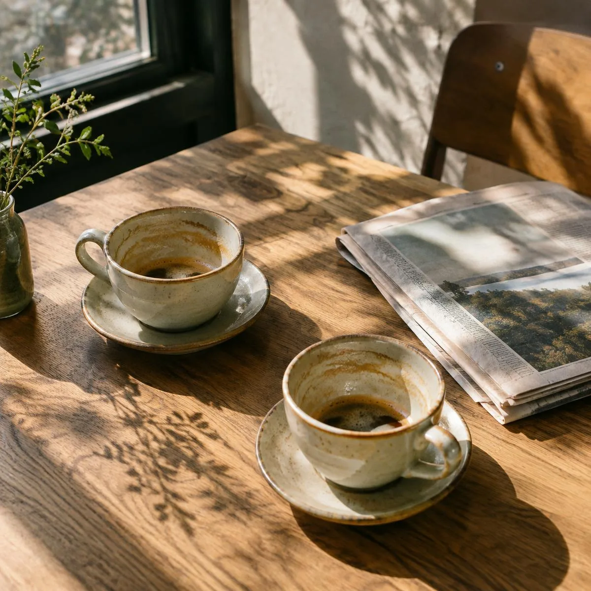 Two coffee cups and a newspaper in window light