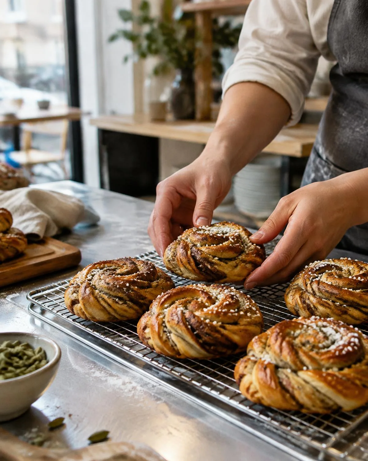 Fresh cardamom buns cooling in the kitchen