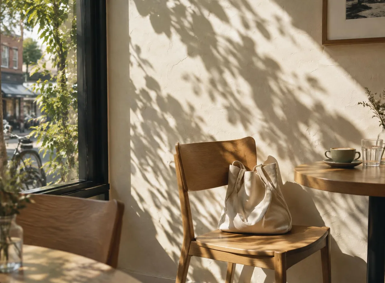 Leaf shadows falling across a café chair