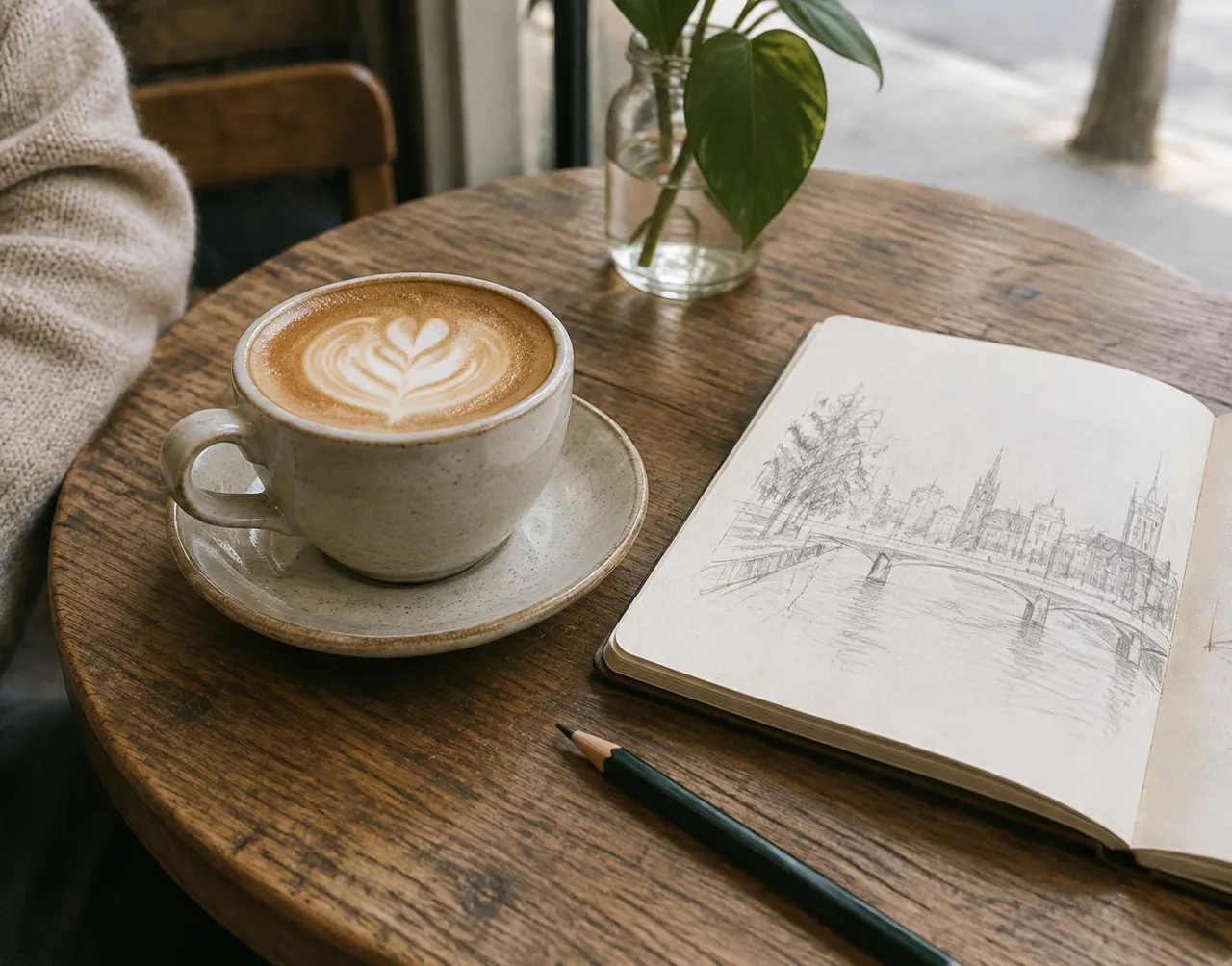 Flat white beside an open sketchbook