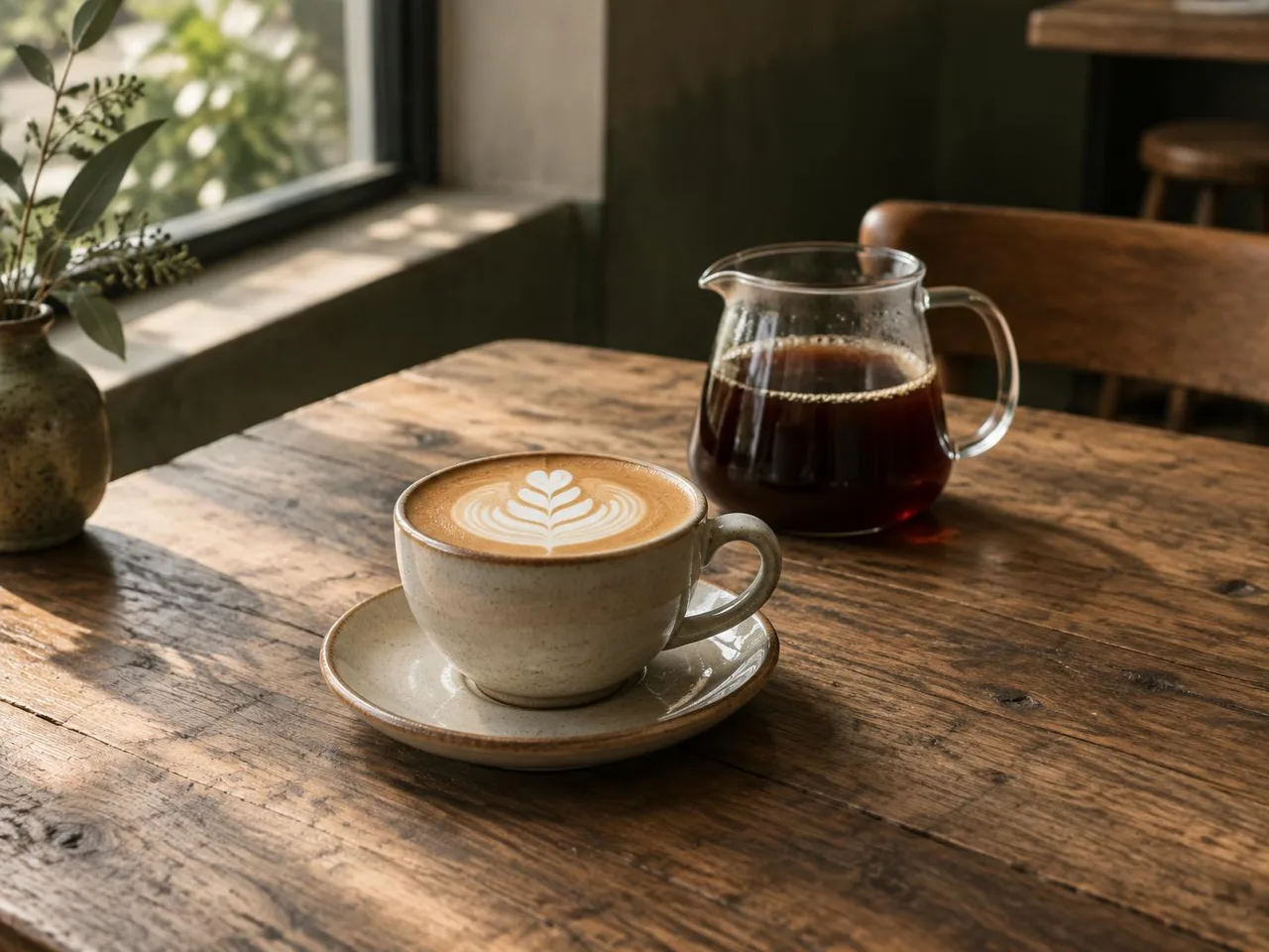 Flat white and filter coffee on a sunlit oak table