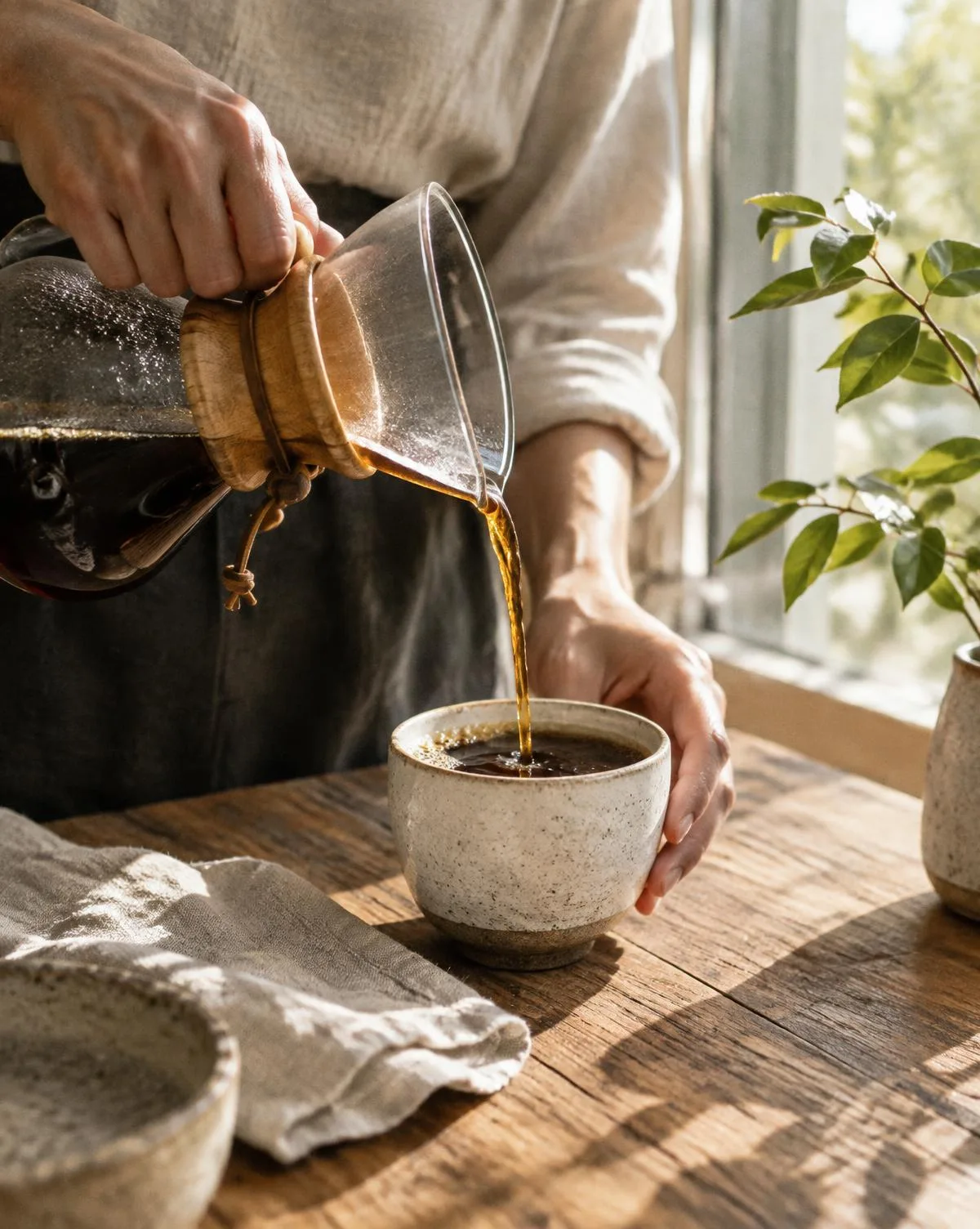 Filter coffee poured by hand at a sunlit table